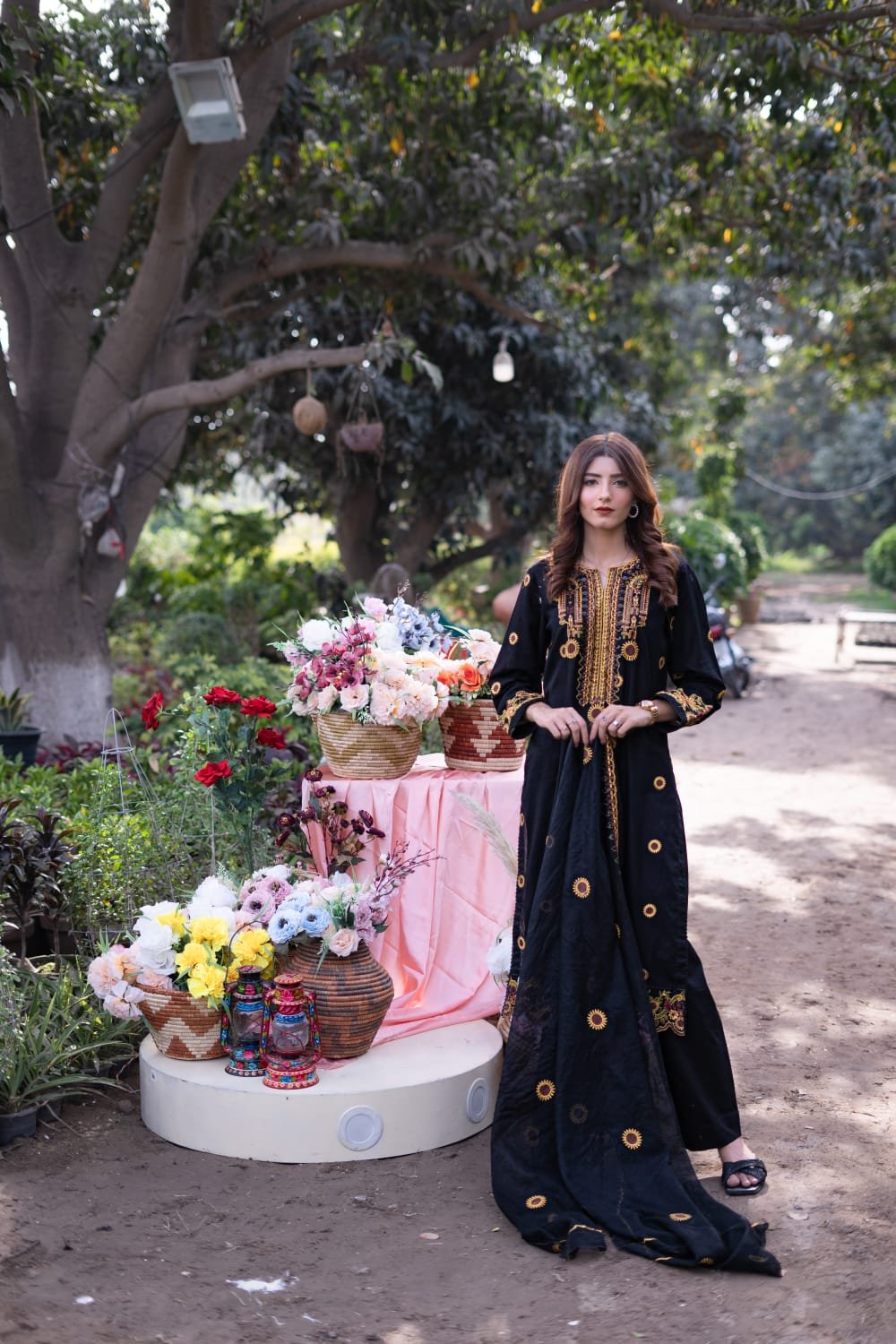 3 Piece Embroidered Suit – Unstitched with Gala, Bazu & Daman Patches, Cotton Net Dupatta