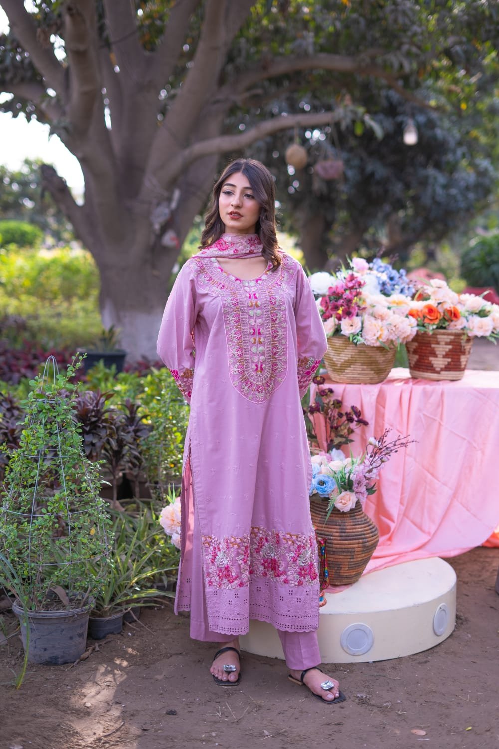 3 Piece Embroidered Suit – Unstitched with Gala, Bazu & Daman Work, Cotton Net Dupatta