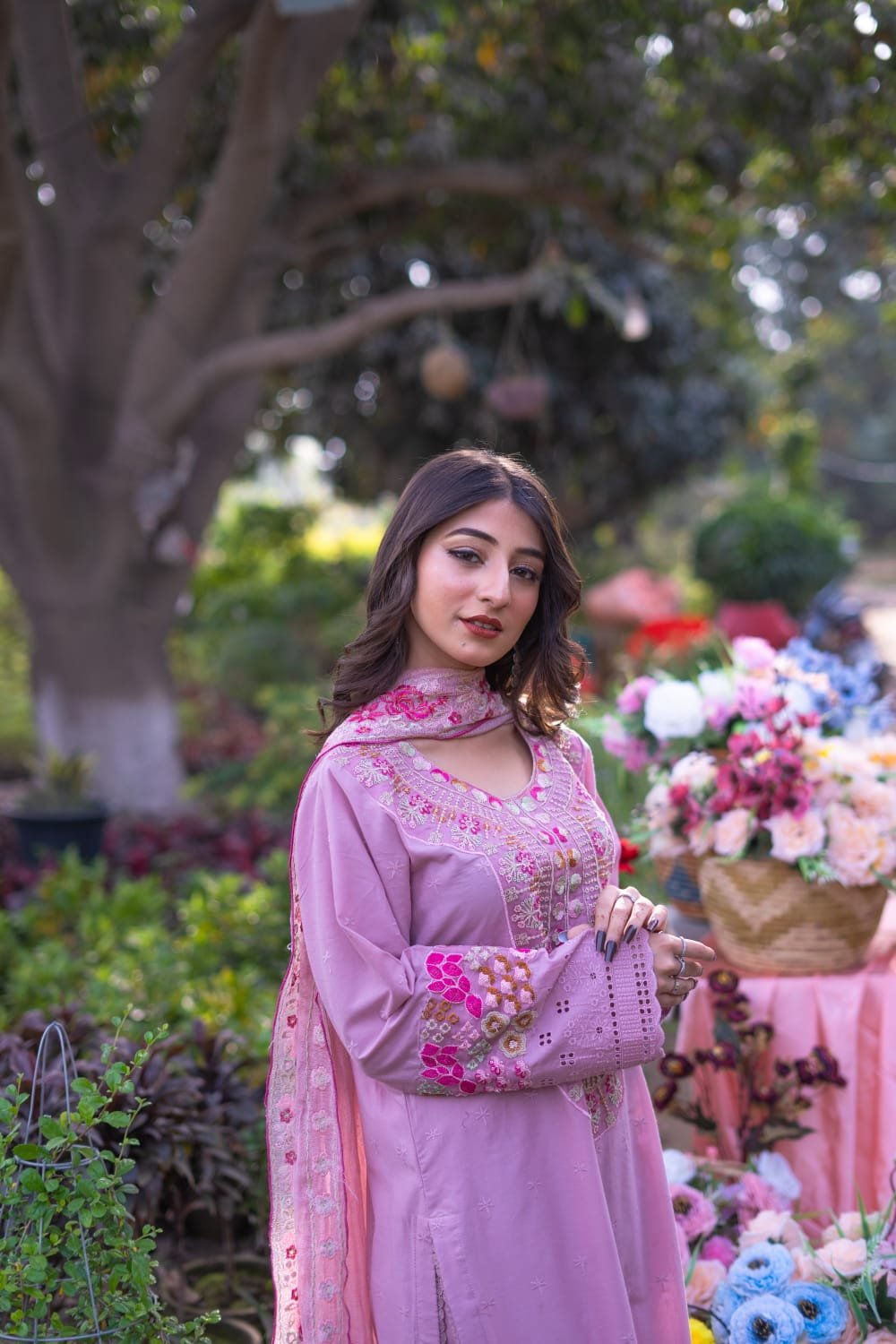 3 Piece Embroidered Suit – Unstitched with Gala, Bazu & Daman Work, Cotton Net Dupatta