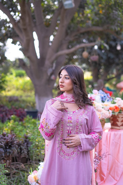 3 Piece Embroidered Suit – Unstitched with Gala, Bazu & Daman Work, Cotton Net Dupatta