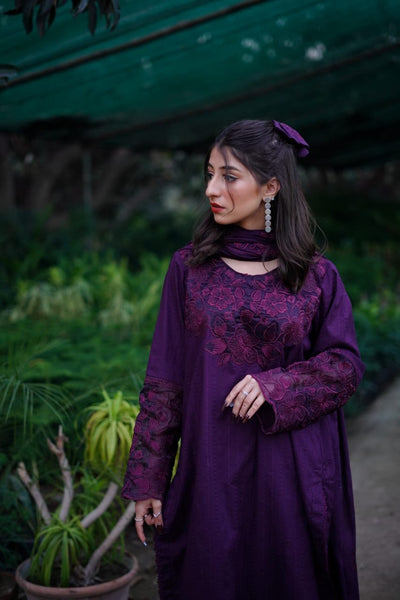 3 Piece Embroidered Suit – Unstitched with Gala, Bazu & Daman Patches