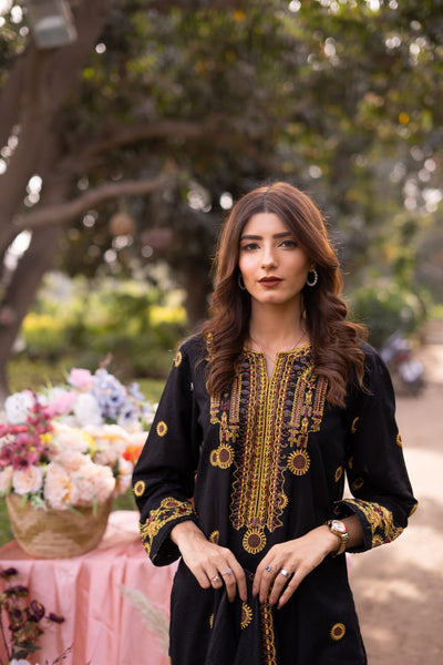 3 Piece Embroidered Suit – Unstitched with Gala, Bazu & Daman Patches, Cotton Net Dupatta